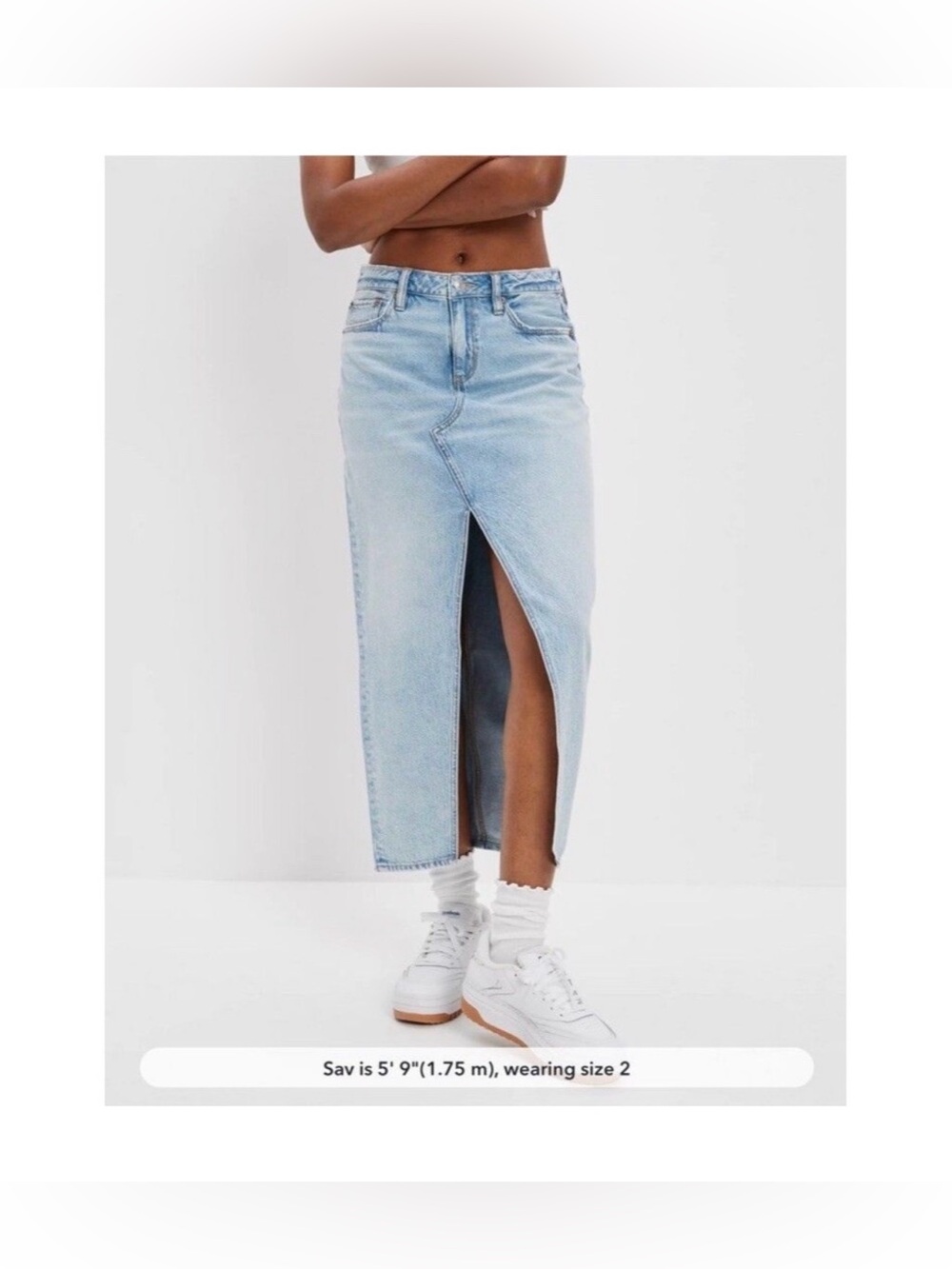 AE Dreamy Drape Low-Rise Denim Maxi
Skirt